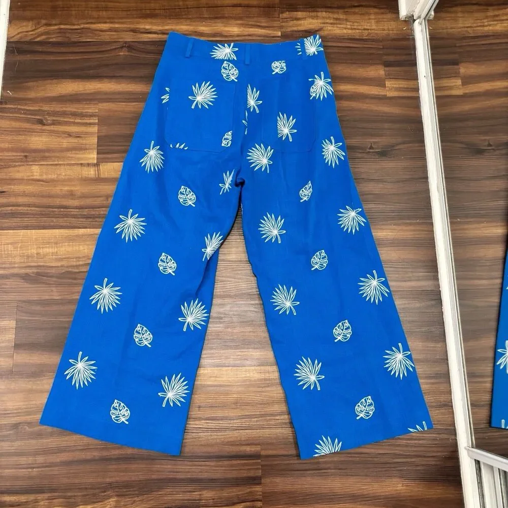Zara Sz Small Blue Wide Leg Palm Leaf Embroidered Culottes Pants Trousers